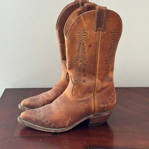 Vintage Boulet Leather Boots Women's Size 8 Brown Cowboy Embroidered Pointed Toe